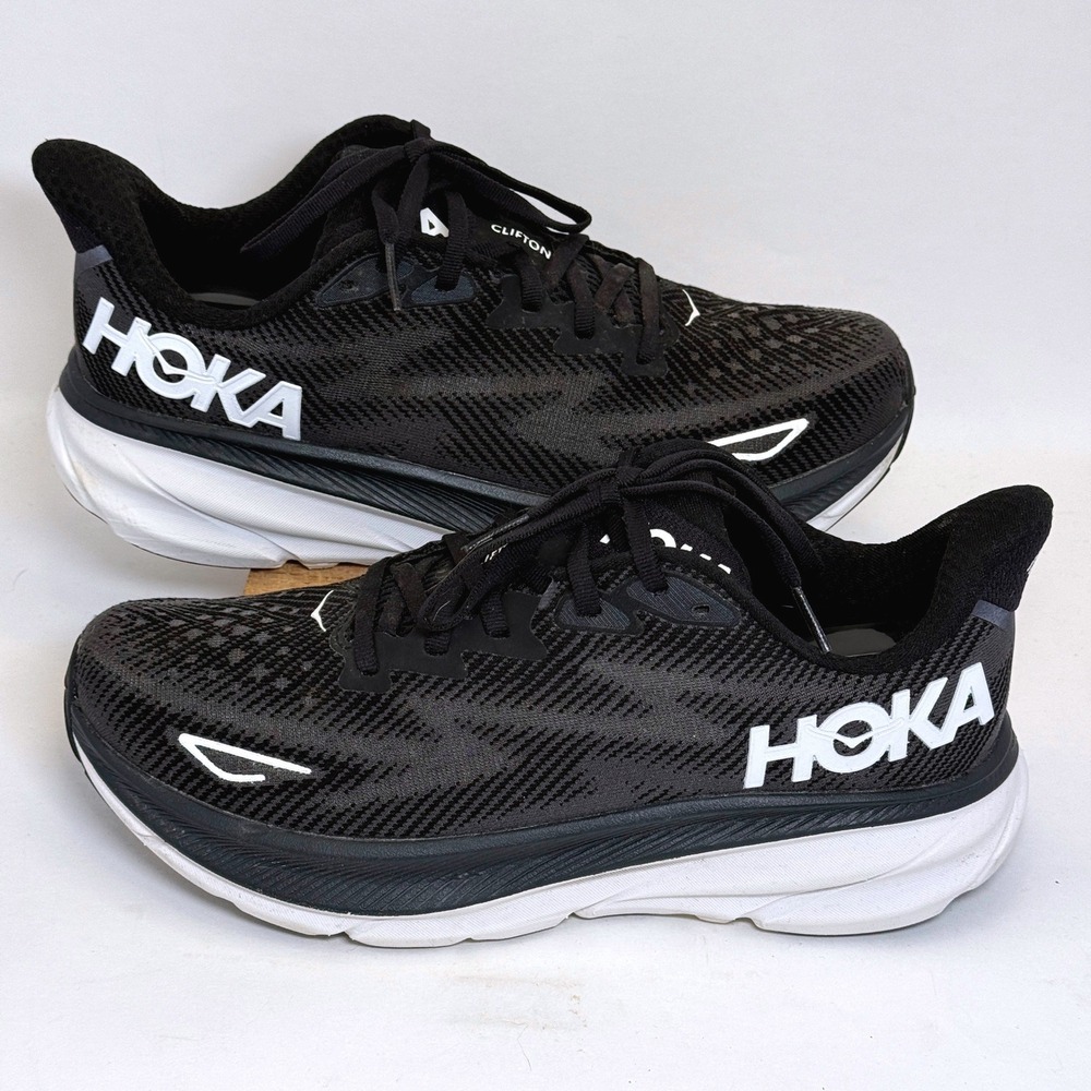 Hoka Clifton 9 Running Shoes Men 9.0 B Black White 1127896 Road Workout Athletic